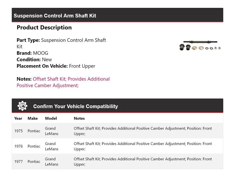 For 1975-1977 Pontiac Grand LeMans Suspension Control Arm Shaft Kit MOOG 1975 - Image 2 of 4