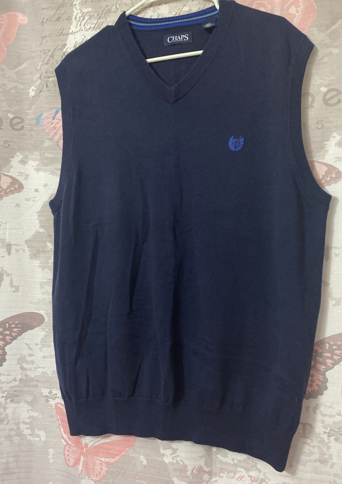 Men's CHAPS Solid Blue V-Neck Pullover 100% Cotto… - image 1