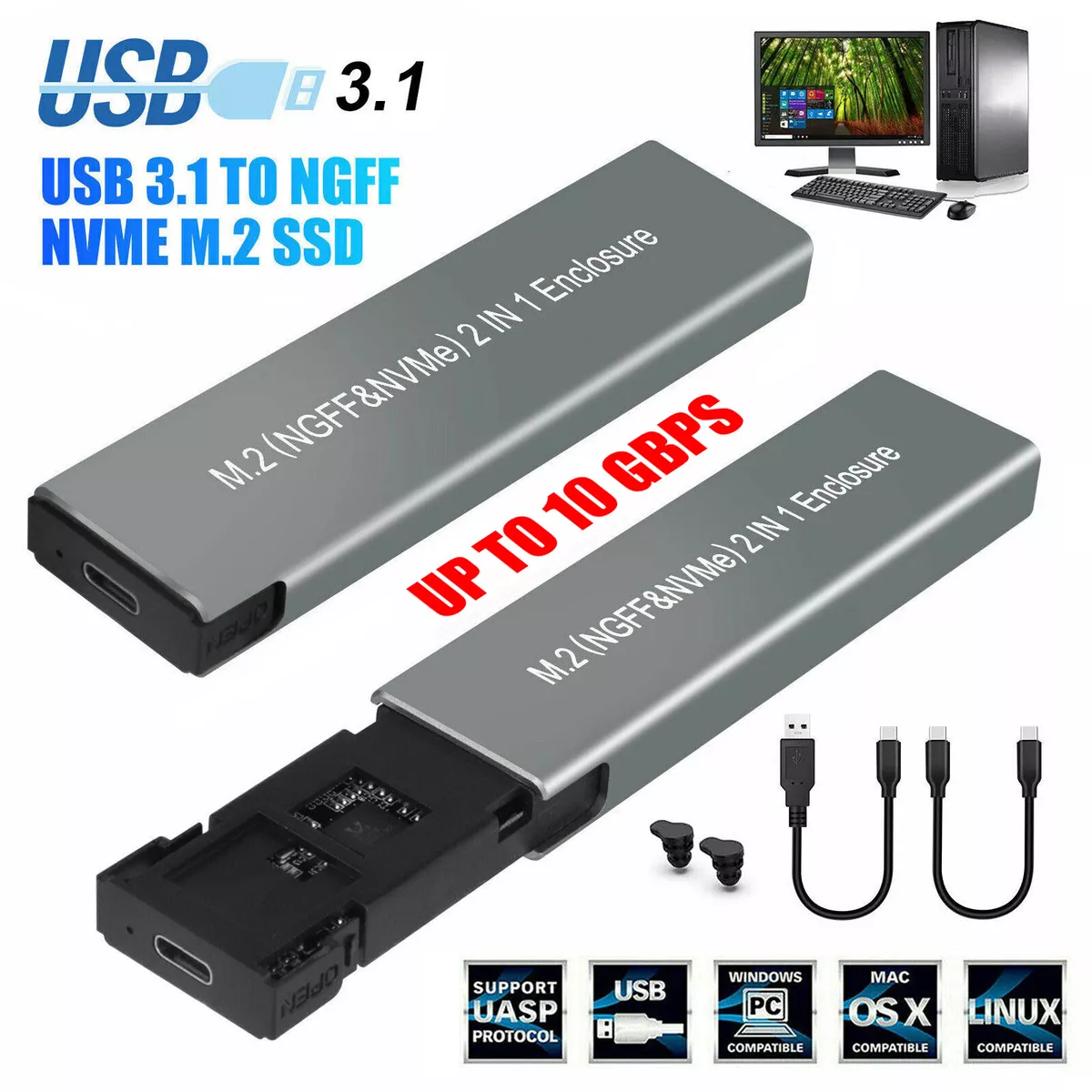 M2 BOÎTIER SSD NVME BOÎTIER M.2 USB 3.1 Type C ADAPTATEUR SSD Pour double  signal NVME PCIE NGFF SATA M/B CLÉ Disque SSD Cas