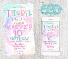 You Print Birthday, Tie Dye Invitation, WaterColor, Tie Dye Party, Digital File