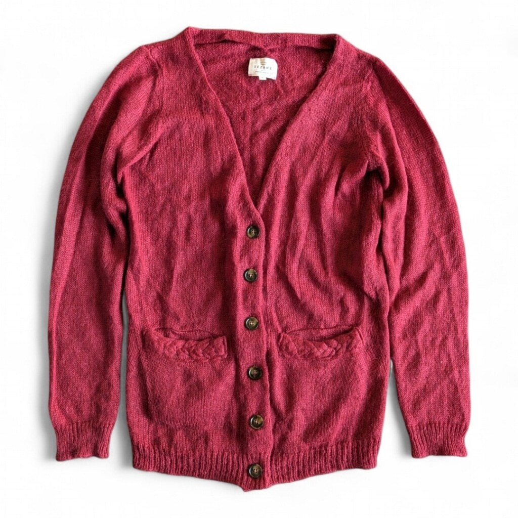 SEZANE Cranberry Kid Mohair Blend Knit Cardigan With Pockets