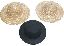 Doll Hats Lot of 3 Straw Black Mini Hats 6 Inch 4.5 Inch Accessories