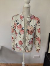 New Look Cameo Rose Floral Bomber Jacket White Pink Roses Zip Up UK 10 VGC