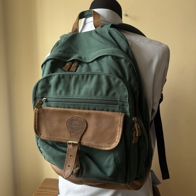 Vintage 90s Eddie Bauer Backpack Leather Bottom Green Canvas Rucksack Bag Read