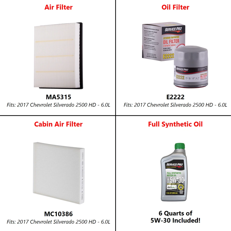 2017 Chevrolet Silverado 2500 HD 6.0L Oil, Air & Cabin Filter Kit (5W-30) Foto 2 de 4