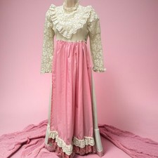 Vintage 1970s Prairie Dress Pink White Lace Union Tag Size XS Juniors 12 USA