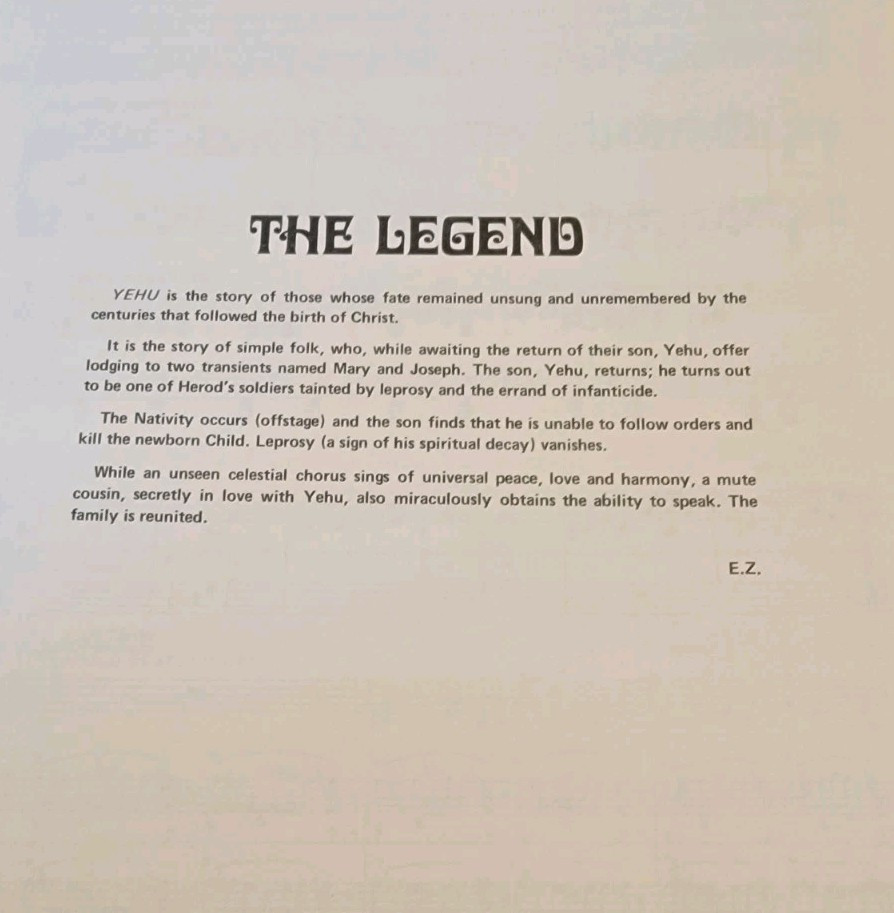 YEHU A CHRISTMAS LEGEND Songbook Pagent 1975 Opera Play Holiday Music Songs 