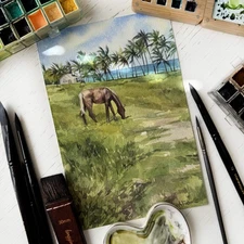 Original Watercolor Coastal Pasture 6x9 Painting Unique Artwork Wall Art