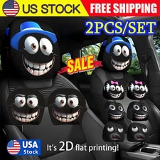 2Pcs Set of Funny Big-Eyed Grinning Cartoon Print Car Seat Headrest Covers 2025