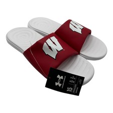 Under Armour Wisconsin Badgers Sandals Mens 15 Red White UA Ansa Slides Slip On
