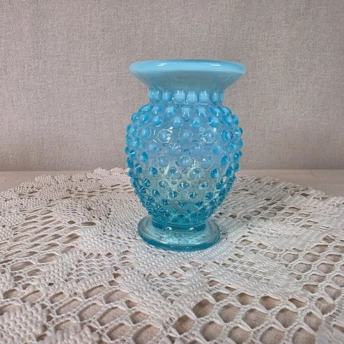 Fenton Blue Opalescent Hobnail Glass Vase 3 1/2"
