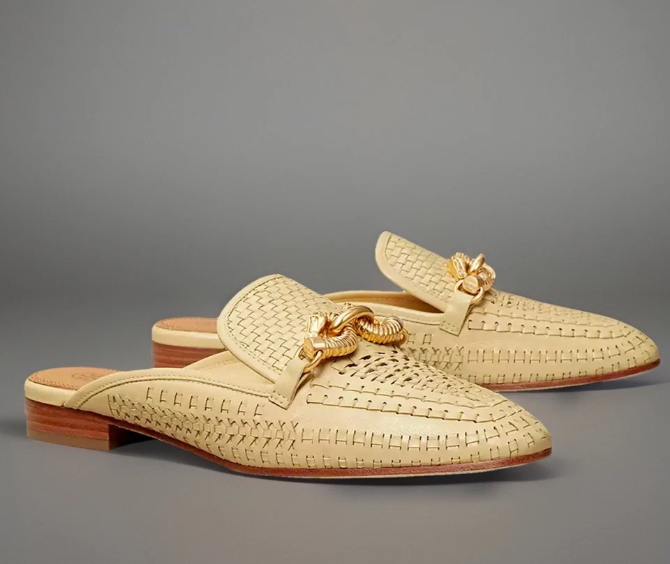 MOCASÍN SIN ESPALDA TEJIDO TORY BURCH JESSA ECUESTRE DULCE MAÍZ CUERO TALLA 10 NUEVO EN CAJA