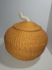 Vintage  Pumpkin Basketweeve Basket Set Orange Woven Wicker Lid Wicker Fall