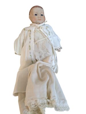 Sweet 14'' Bisque Head Musical Baby, Brahms Lullaby, Christening Dress Blue Eyes