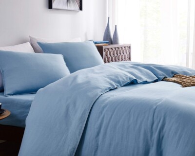 Breatheble 3PC Duvet Set Pure Egyptian Cotton 600/1000 TC US-Queen Skyblue Solid