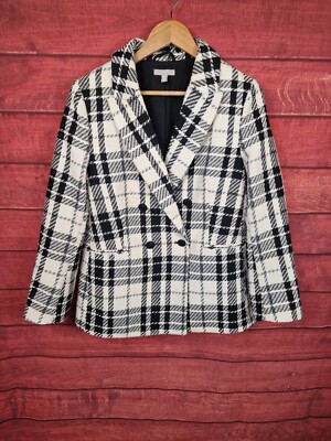 H&M Struktur Web Blazer Creme Schwarz Kariert Größe M