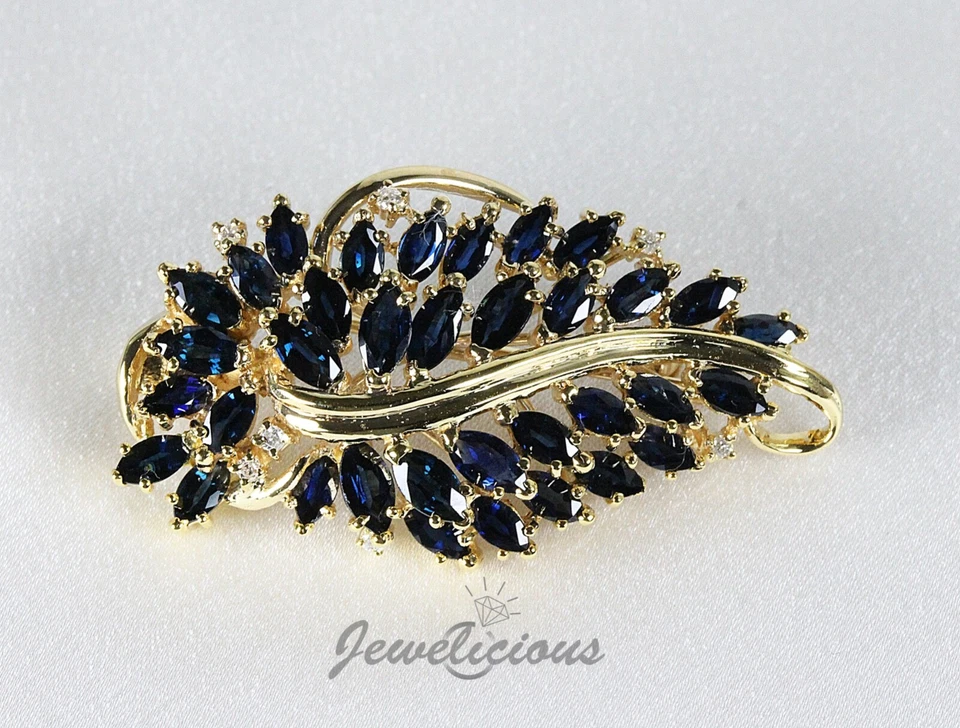 Broche colgante racimo de hojas grandes de diamantes y zafiros naturales de oro amarillo de 14K