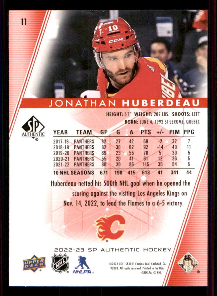 2022-23 SP Authentic Limited Red #11 Jonathan Huberdeau - Image 2 of 2