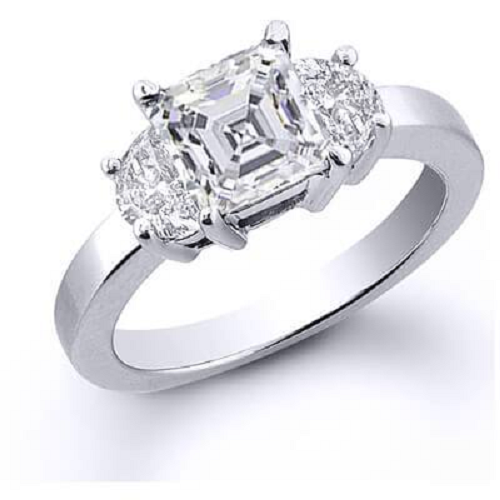 4.00 Three Stone Asscher Cut w/ Half Moon Cut Diamond Engagement Ring G