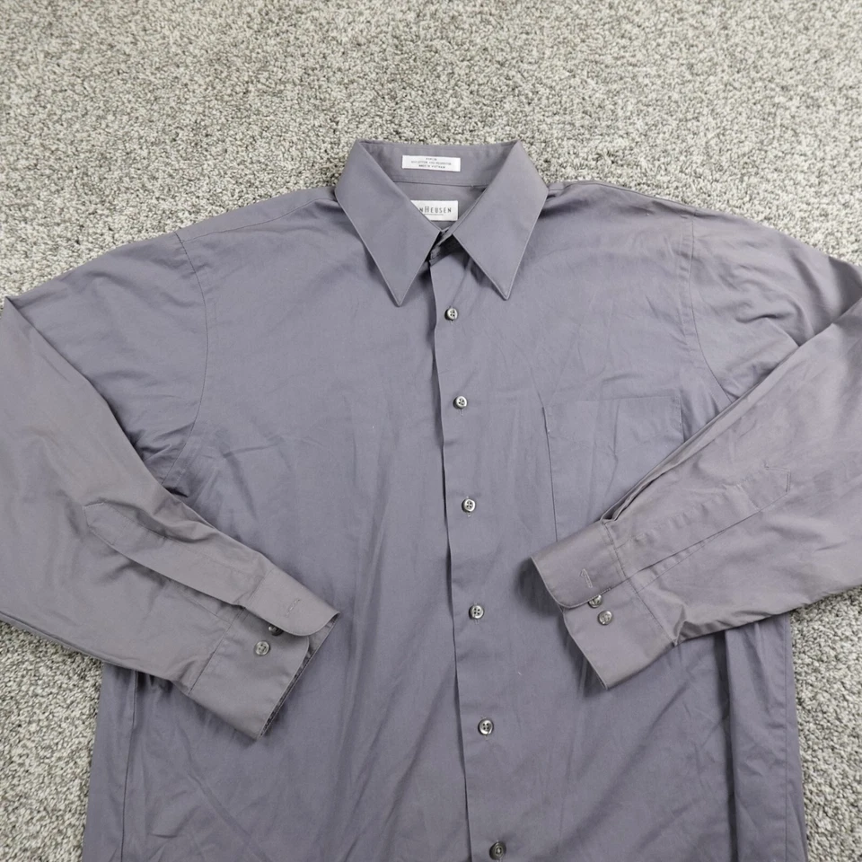 Camisa Van Heusen Para Hombres 16 32/33 L Gris Manga Larga Abotonada Vestido Preppy Popelina Foto 3 de 4