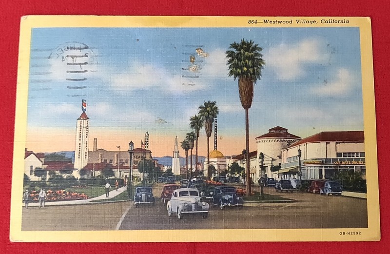 1955 Postcard Unique Westwood Village, California Posted with 2 cent John Adams