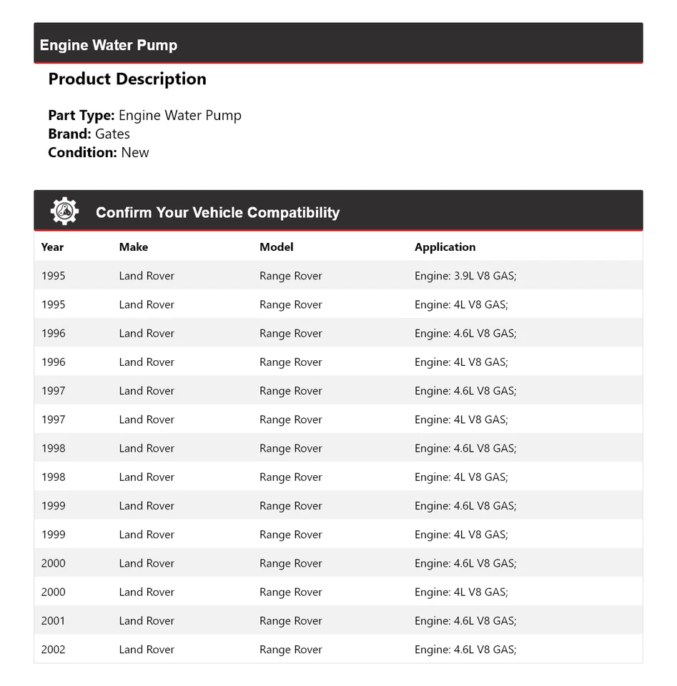 Para Land Rover Range Rover 1995-2002 motor bomba de agua puertas 1996 1997 1998 1999 Foto 2 de 4