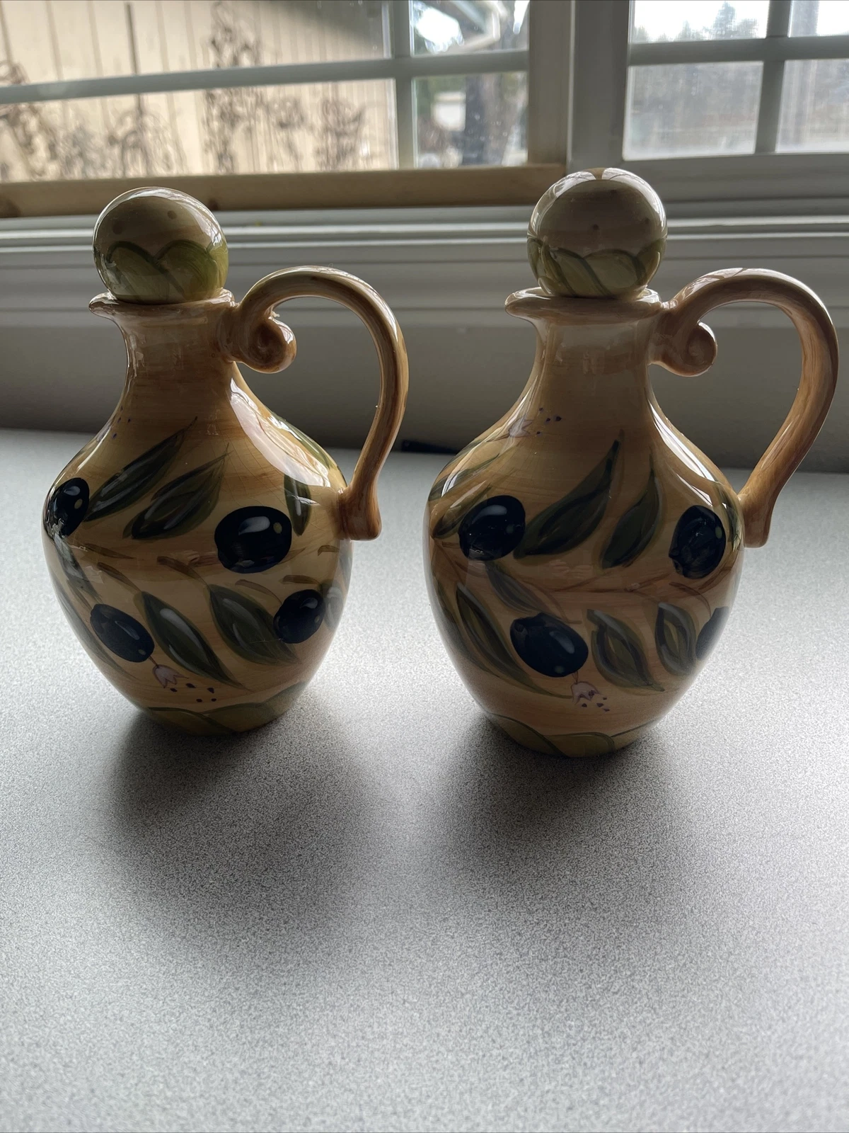 Provincial Olives Hand Painted Pitcher Oil Vinegar Lot Of 2