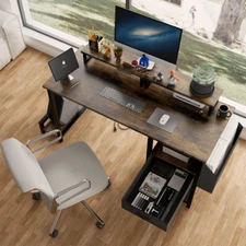 47"office Desk w/ Power Outlet 2 Monitor Stands and USB Ports Large Side Pocket