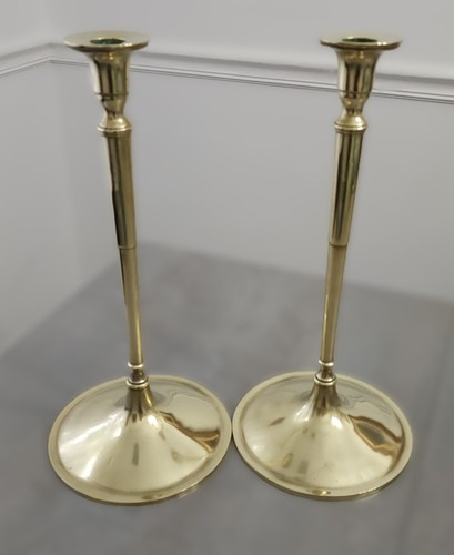 Pair c.1920s NASHUA BRASS Co. 13.5" ARTS & CRAFTS Turned Brass Candlesticks - Picture 5 of 13