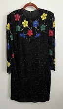 Vtg All Over Sequins Beads Bright Flowers Cocktail Retro Festive Cruise