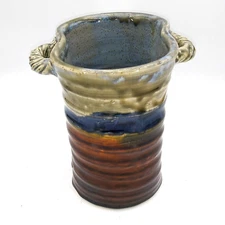 Vintage Handcrafted glazed Stoneware Art Pottery 6.75" vase Signed Earthtones