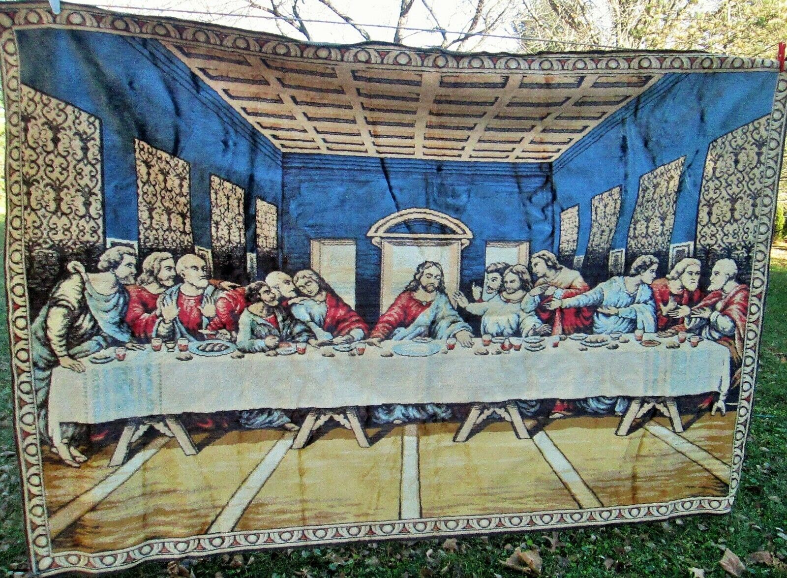 Vintage Velvet Tapestry Jesus & Disciples Last Supper P&C ITALY Wall Hanging 76"