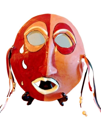 Plaster Mask Curved Decor Tears Expression Wide Eyes Big Nose Mauve Pink Beads