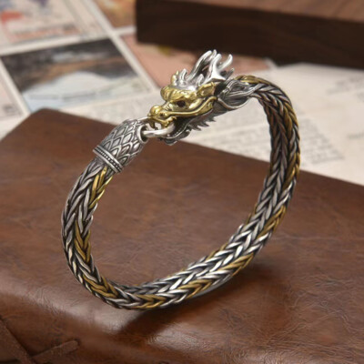 Real S925 Sterling Silver Bracelet Men Dragon Head 9mm Wheat Link Bangle 7.9inch