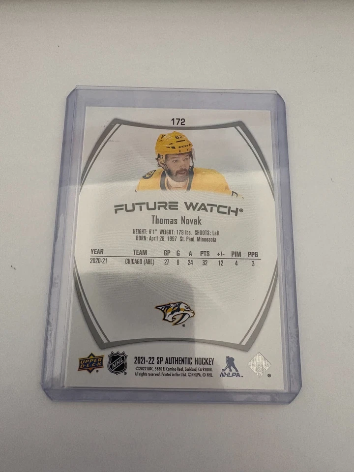 2021-22 SP Authentic #172 Thomas Novak Nashville Predators Future Watch #/999 - Image 2 of 2
