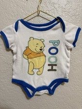 Disney Winnie the Pooh Bodysuit 0-3M Cotton Short Sleeve Snap White/Blue