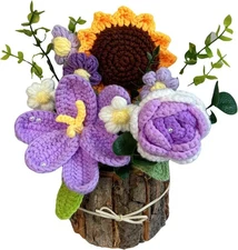 Handmade Sunflower Tulip Rose in Wooden Basket for Home Decor (Purple)