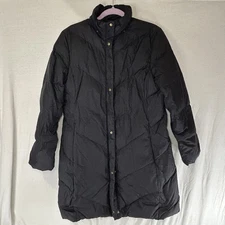 Lands End Long Maxi Goose Down Puffer Jacket Women M Black Coat Hooded Parka