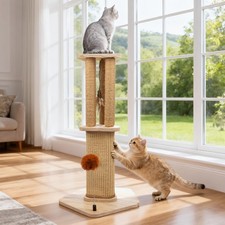 Sisal Cat Scratcher 26.5 Inch Wooden Post with Perch - 3 in 1 Scratching