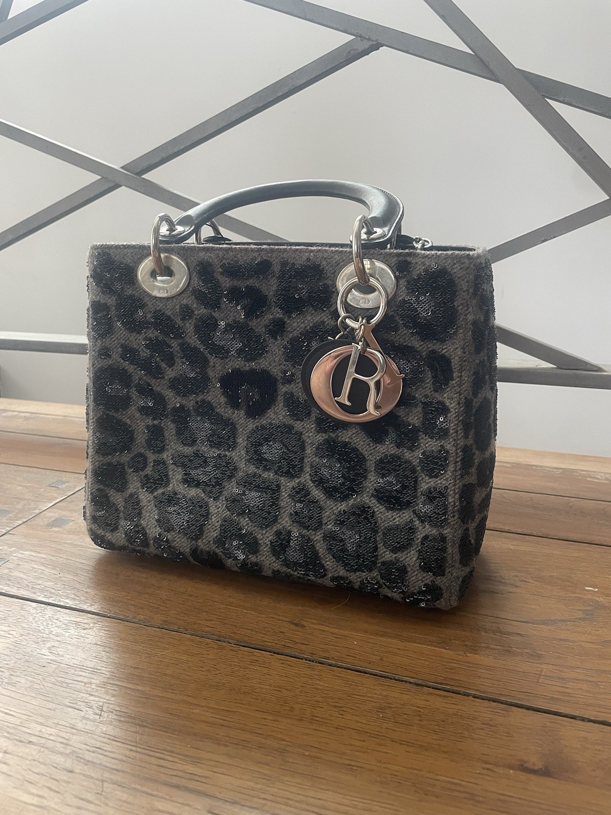 Dior Grey Black Leopard Sequin Wool Mini Lady Dior Bag