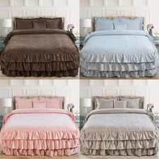 Lux 4Piece Matte Satin Bedding Set Reversible Ruffle Quilted Coverlet Queen/King