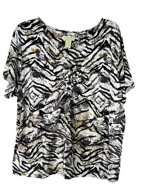 Caribbean Joe  Plus 2X Top Animal Print Cotton Blend S/S Black White Tan B50