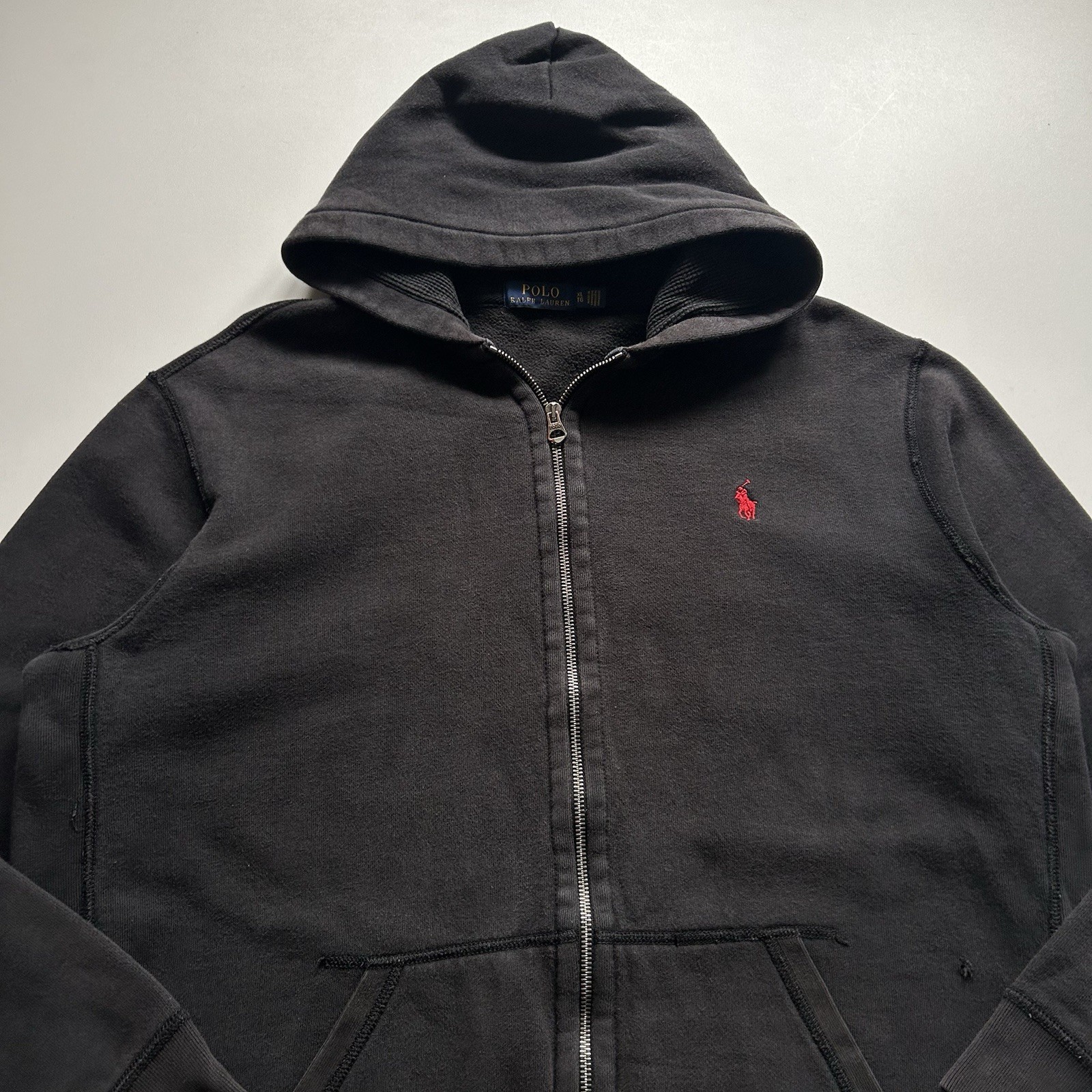 Polo Ralph Lauren Full Zip Hoodie Men's XL Faded Black Pony Thermal Hood Rare image 2