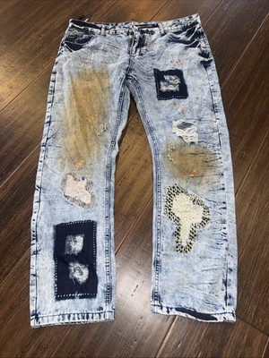 Vintage Y2K Imperious Distressed Patchwork Denim Embroidered Slim Jeans Sz 40X32
