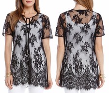 Karen Kane 4L85505 Black Short Sleeve Tie Neck Sheer Lace Tunic Top, XL - $119