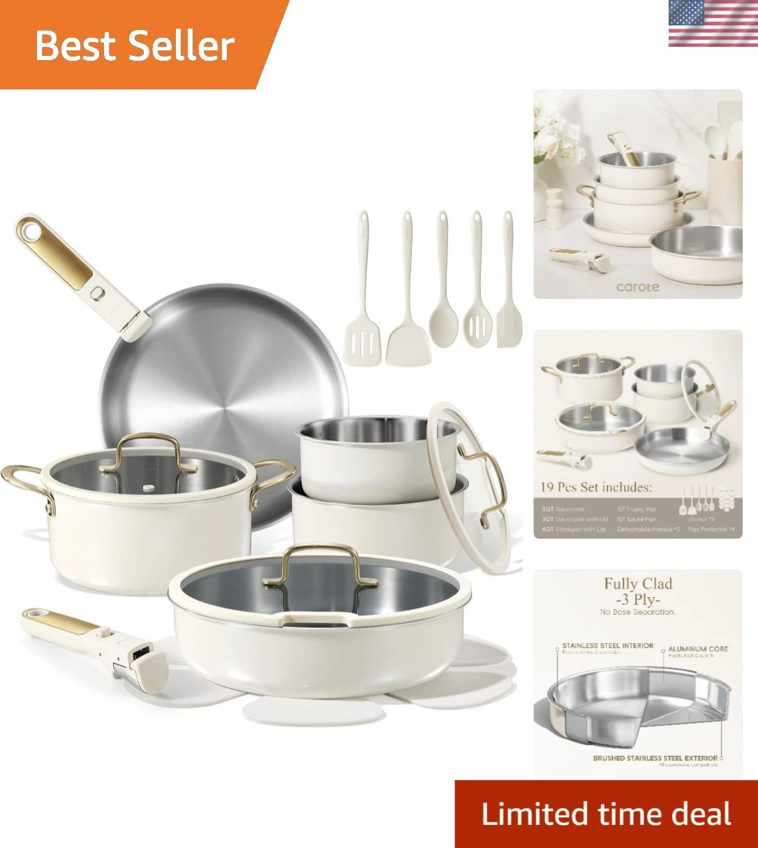 19pcs Tri-Ply Stainless Steel Cookware Set with Detachable Handle, Pots and P...
Opens in a new wind