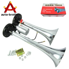 12V Chrome Truck Train Boat RV 150db Super Loud Dual Trumpet Air Horn W/Solenoid