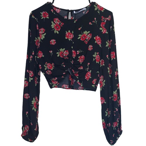 Neu mit Etikett Zara Cropped Top Damen Gr. S schwarz Blumen geknotet Langarm Seitenreißverschluss