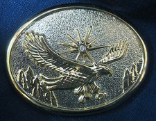 American Bald Eagle Belt Buckle Gold Tone NEW Background is Silver.. Rhinestone