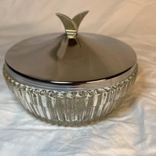 Mid Century Modern Chrome Lid  Glass Ridge Dresser Jar Candy Dish Nut Dish